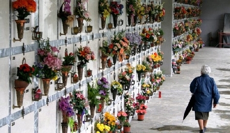 In un cimitero una donna cade da una scala a pioli in ferro c...